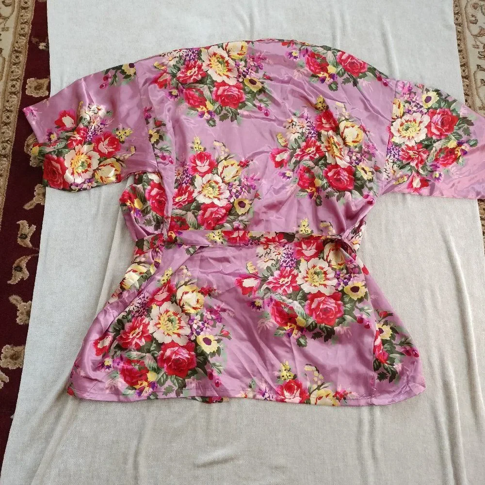 Pink Satin Floral Robe Kimono Tie Waist OS